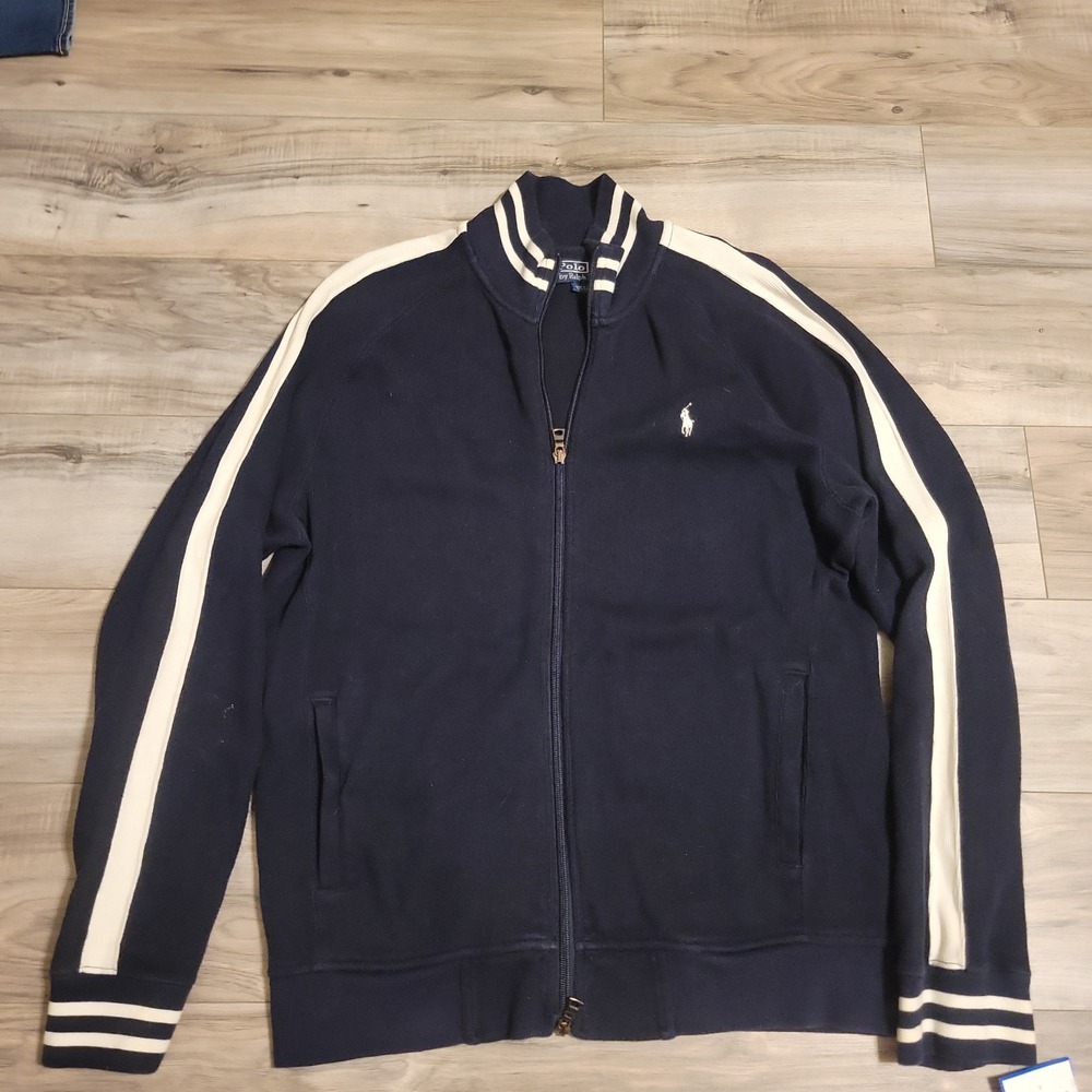 Polo Ralph Lauren Track Jacket Mens L Blue White Stripes Down Sleeve Vintage